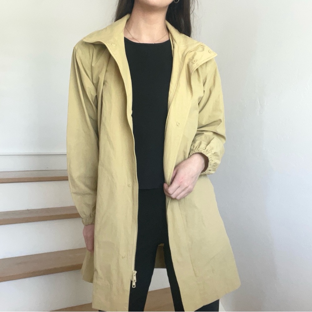 Eileen Fisher Stand Collar Organic Cotton Blend Khaki Tan Full Zip Rain Jacket
